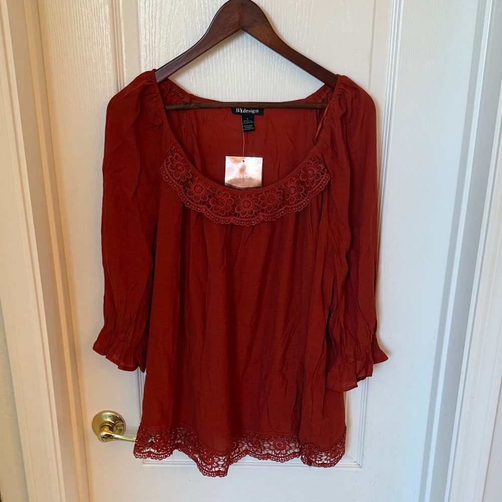 Elegant Rust Blouse with Lace Trim